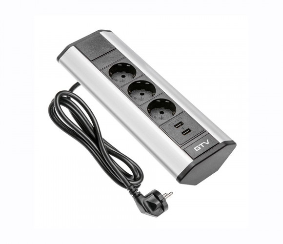 Удлинитель УГЛОВОЙ GTV, 3x розетка schuko, 2xUSB 2.1A 5V,  серебро, AE-PBKT3S2U-80