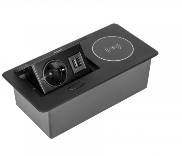 Удлинитель встраиваемый настольный, 1 гнездо, 2*USB, беспроводная зарядка, черный SETE SBT-1UCW-20