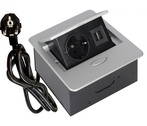 Удлинитель встраиваемый настольный, 1 гнездо, 2*USB, с кабелем, серый SETE SBT-1UC-80