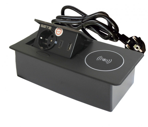 Удлинитель встраиваемый настольный, 1 гнездо, 1*USB, 1 type C, беспроводная зарядка, черный SETE SBT-1UCWT-20